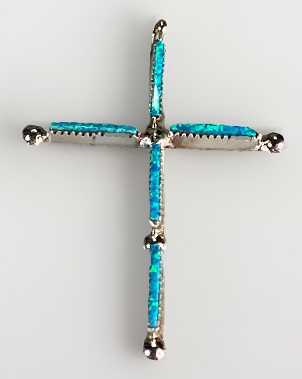 ZUNI Sterling Silver Blue Fire Opal Inlay Cross Pendant Handmade NEW 1.4g